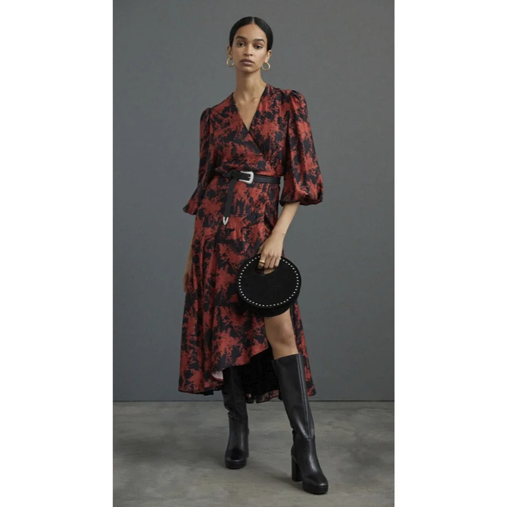 Anthropologie x Caballero Silky Abstract Wrap Midi Dress Red & Black Anthro XS - Picture 3 of 16